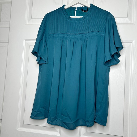 Bloomchic NWT Shirred Ruffle Sleeve Mesh Frill Trim Blouse * Size: 12 - Picture 1 of 5